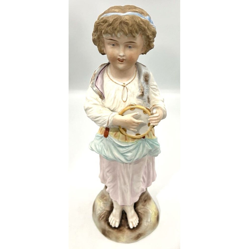 Antique German Bisque Figurine 13.5" Girl Playing Tambourine Sculpture 1800s